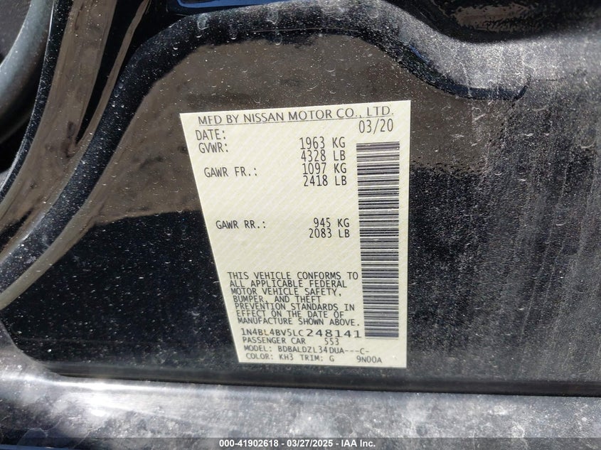 2020 NISSAN ALTIMA VIN: 1N4BL4BV5LC248141