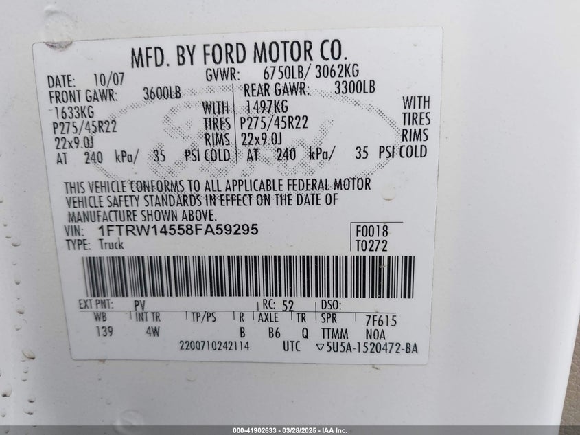 2008 FORD F150 VIN: 1FTRW14558FA59295