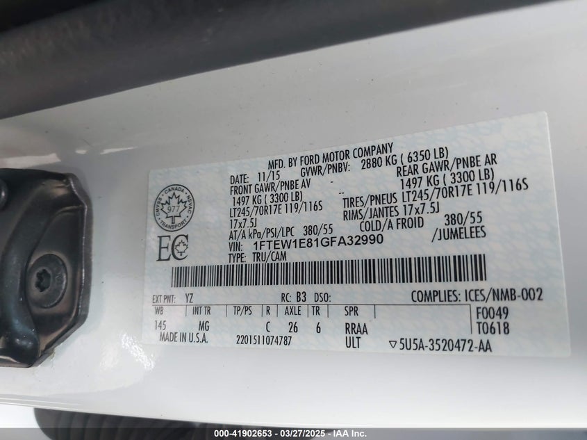 2016 FORD F-150 VIN: 1FTEW1E81GFA32990