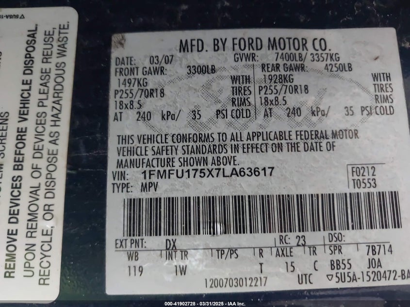 2007 FORD EXPEDITION VIN: 1FMFU175X7LA63617