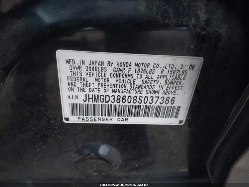 2008 HONDA FIT VIN: JHMGD38608S037366