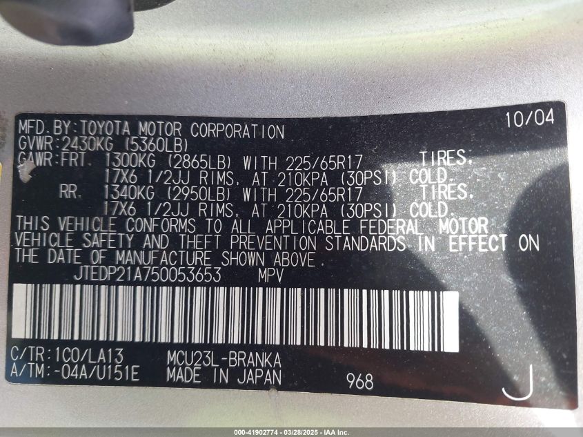 2005 Toyota Highlander Limited V6 VIN: JTEDP21A750053653 Lot: 41902774