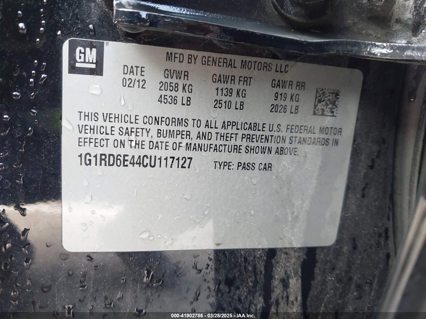 2012 CHEVROLET VOLT VIN: 1G1RD6E44CU117127