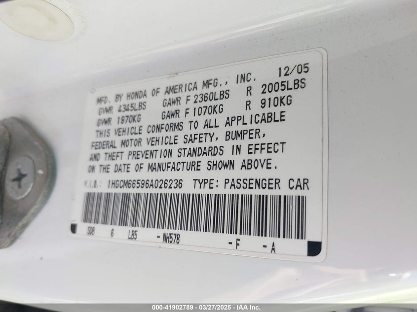 2006 HONDA ACCORD VIN: 1HGCM66596A026236