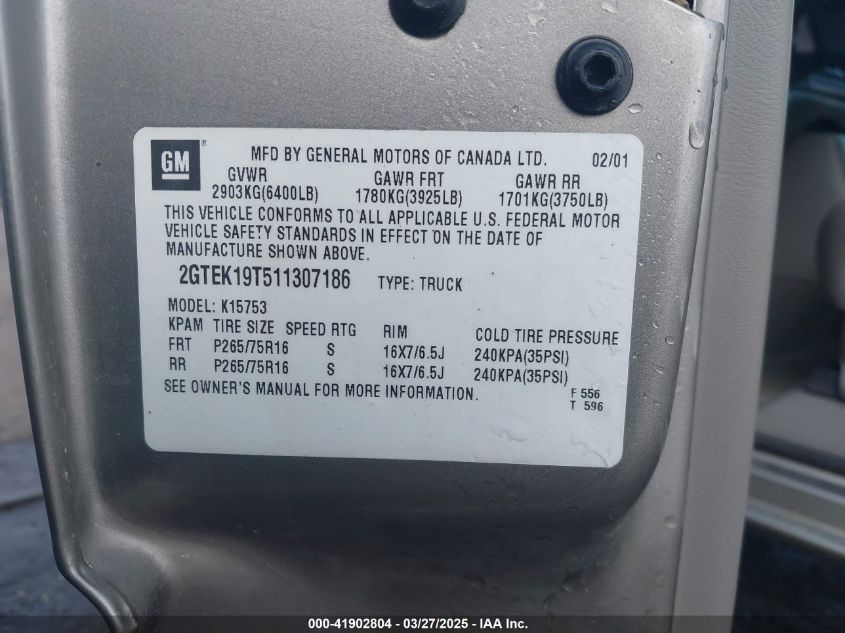 2001 GMC Sierra 1500 Sle VIN: 2GTEK19T511307186 Lot: 41902804