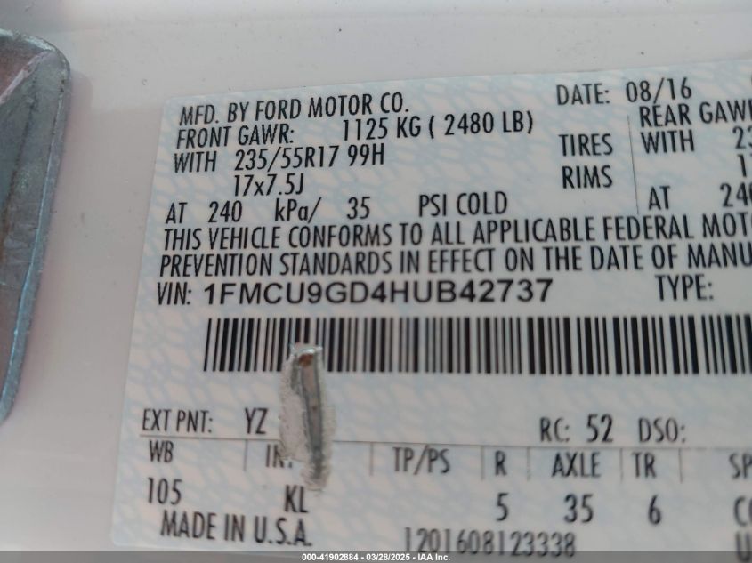 2017 Ford Escape Se VIN: 1FMCU9GD4HUB42737 Lot: 41902884