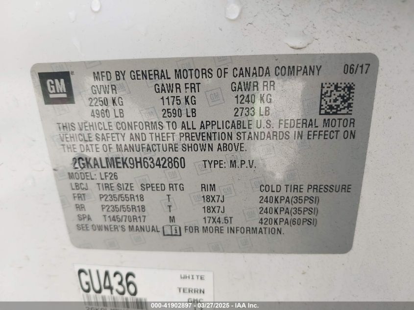 2017 GMC Terrain Sle-1 VIN: 2GKALMEK9H6342860 Lot: 41902897