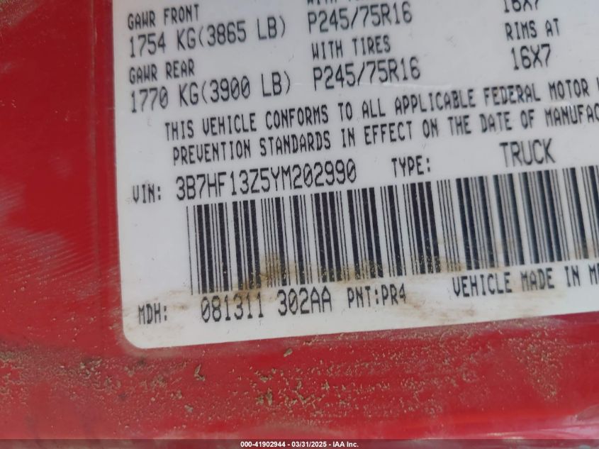 2000 Dodge Ram 1500 St VIN: 3B7HF13Z5YM202990 Lot: 41902944