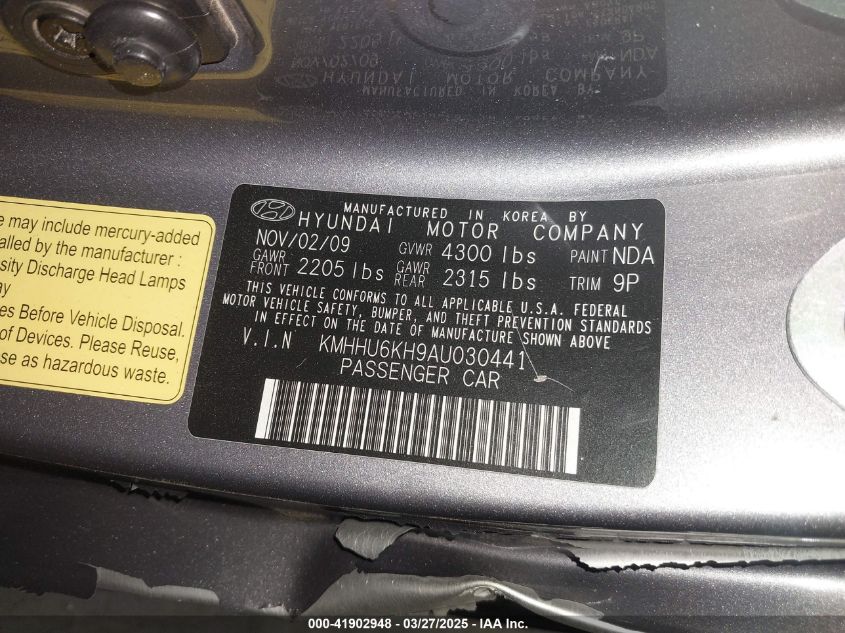 2010 Hyundai Genesis 3.8 Grand Touring VIN: KMHHU6KH9AU030441 Lot: 41902948