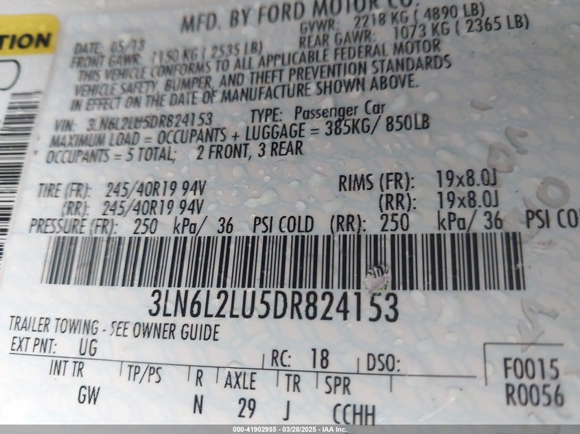 2013 LINCOLN MKZ HYBRID VIN: 3LN6L2LU5DR824153