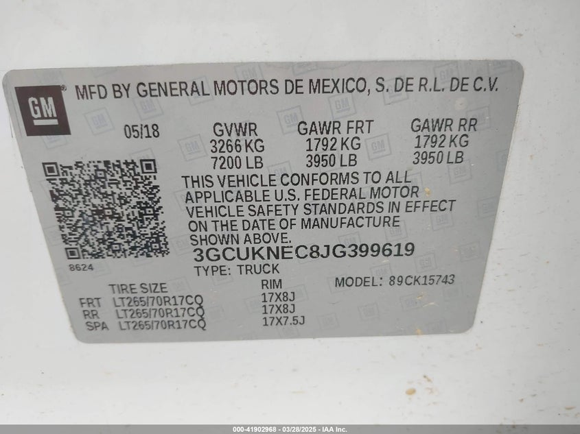 2018 CHEVROLET SILVERADO 1500 VIN: 3GCUKNEC8JG399619