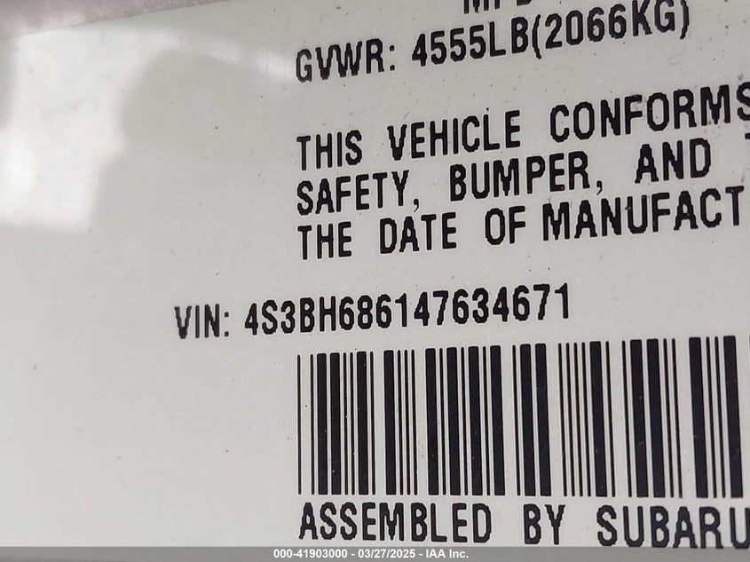 2004 Subaru Outback Limited VIN: 4S3BH686147634671 Lot: 41903000