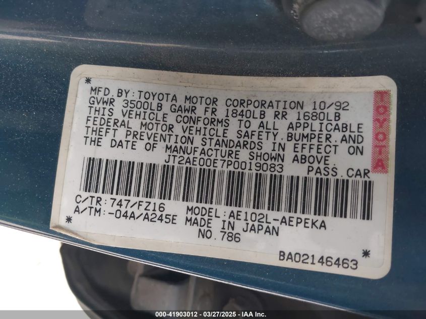 1993 Toyota Corolla Le VIN: JT2AE00E7P0019083 Lot: 41903012