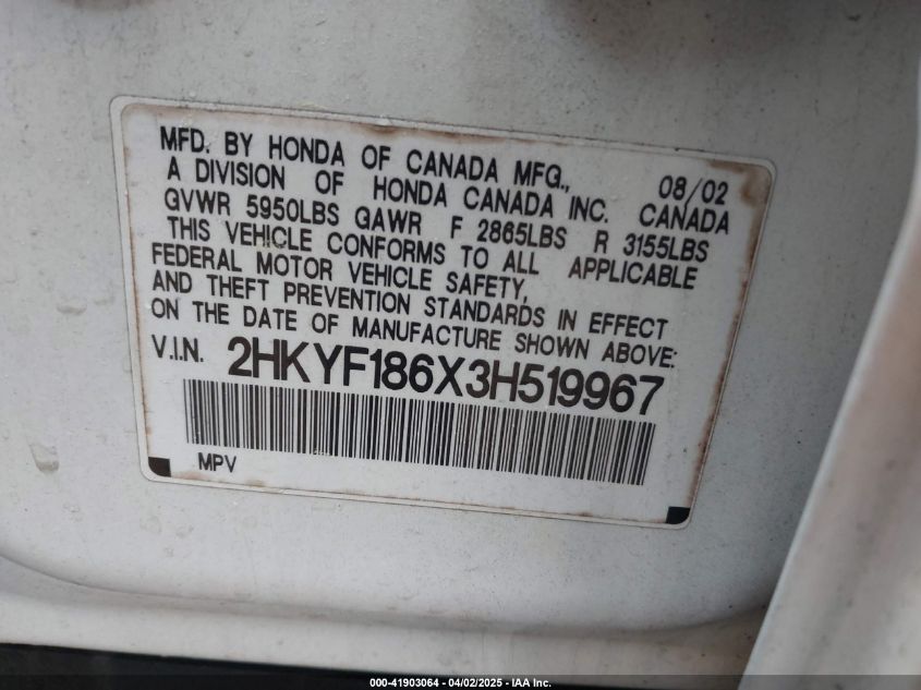 2003 Honda Pilot Ex-L VIN: 2HKYF186X3H519967 Lot: 41903064