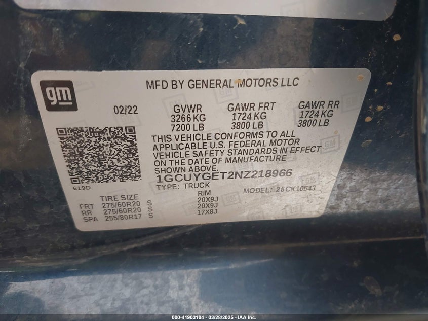 2022 CHEVROLET SILVERADO 1500 LTD VIN: 1GCUYGET2NZ218966