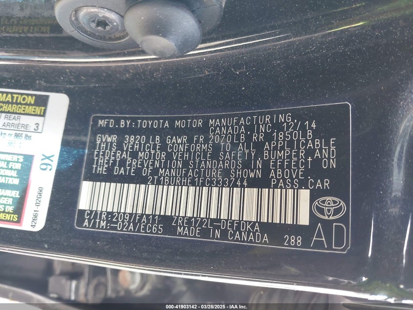 2015 TOYOTA COROLLA VIN: 2T1BURHE1FC333744