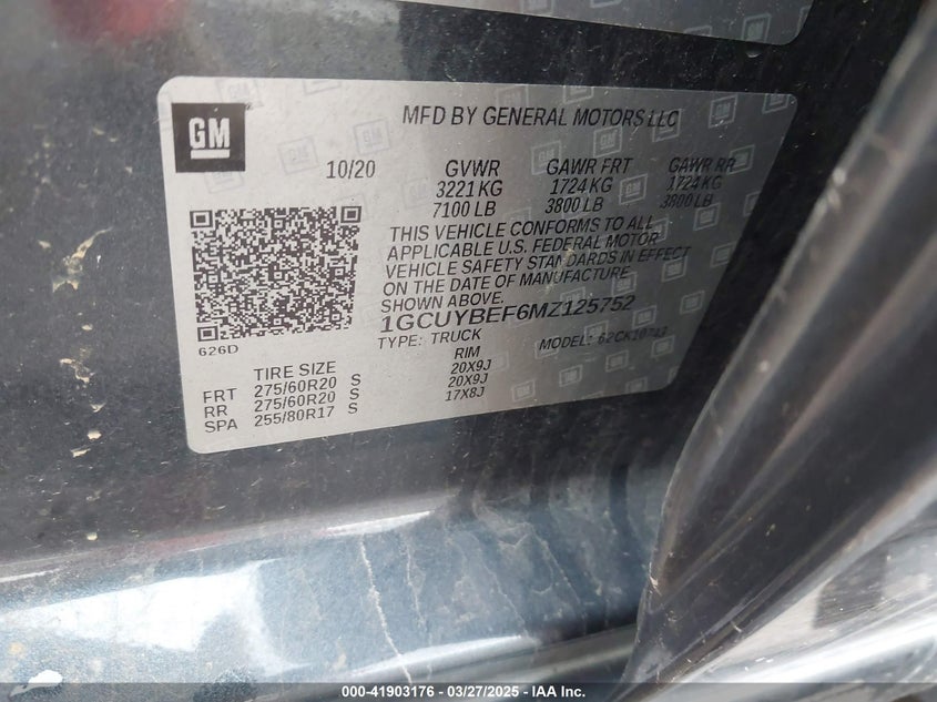 2021 CHEVROLET SILVERADO 1500 VIN: 1GCUYBEF6MZ125752