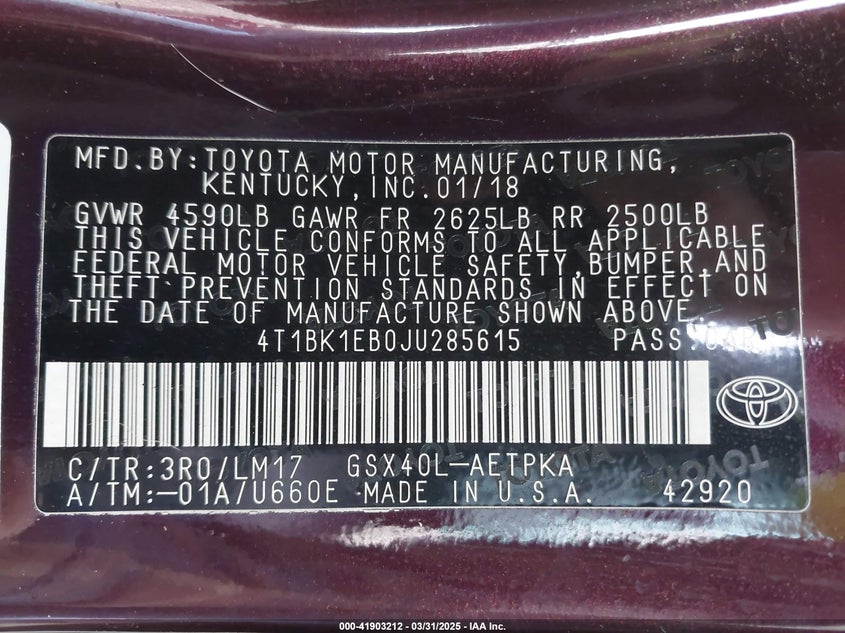 2018 TOYOTA AVALON VIN: 4T1BK1EB0JU285615