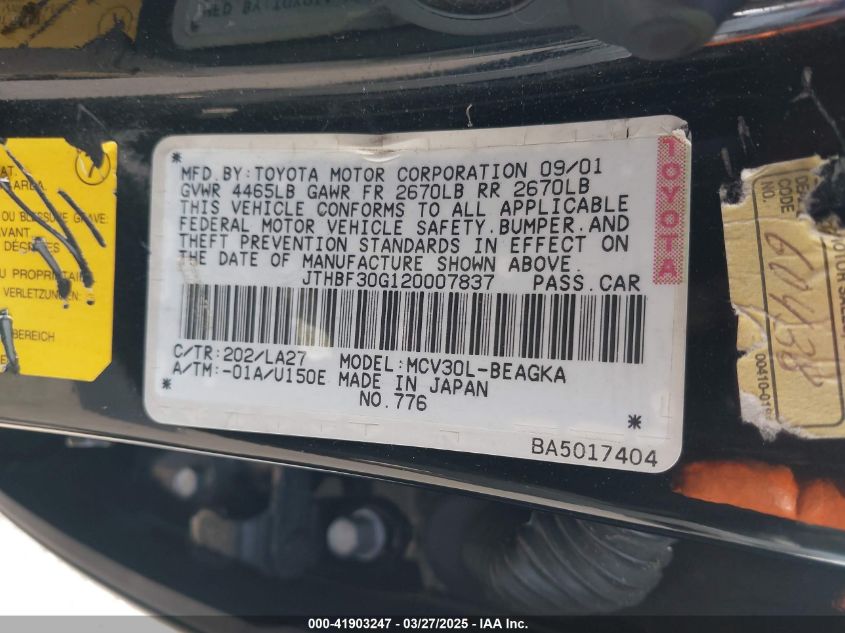 2002 Lexus Es 300 VIN: JTHBF30G120007837 Lot: 41903247