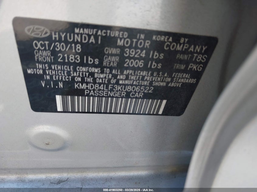 2019 HYUNDAI ELANTRA VIN: KMHD84LF3KU806522