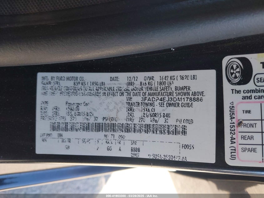 2013 FORD FIESTA VIN: 3FADP4EJ3DM178886