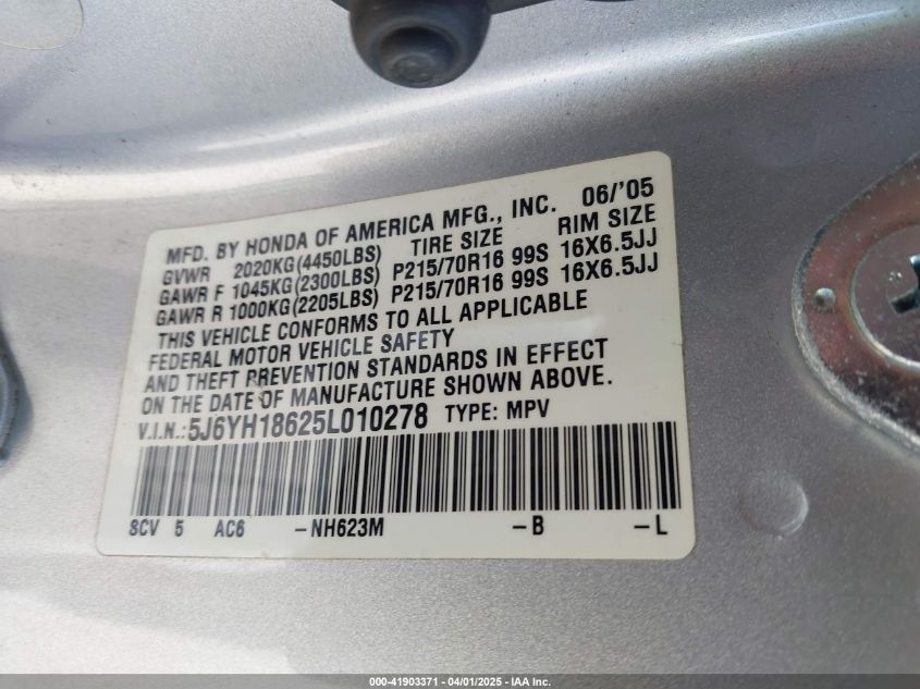 2005 Honda Element Ex VIN: 5J6YH18625L010278 Lot: 41903371