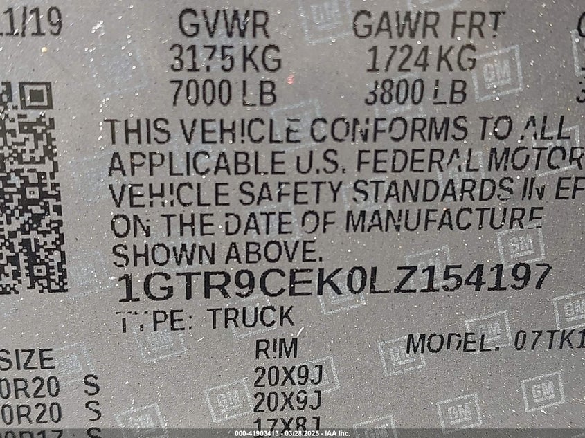 2020 GMC SIERRA 1500 VIN: 1GTR9CEK0LZ154197