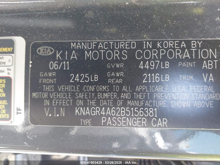 2011 Kia Optima Sx VIN: KNAGR4A62B5156381 Lot: 41903429