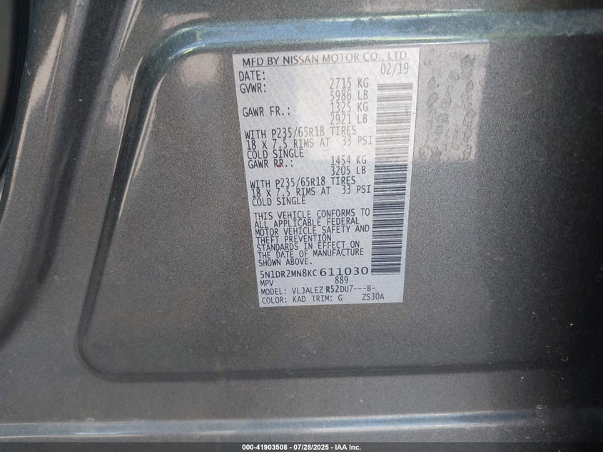 2019 Nissan Pathfinder Sv VIN: 5N1DR2MN8KC611030 Lot: 41903508