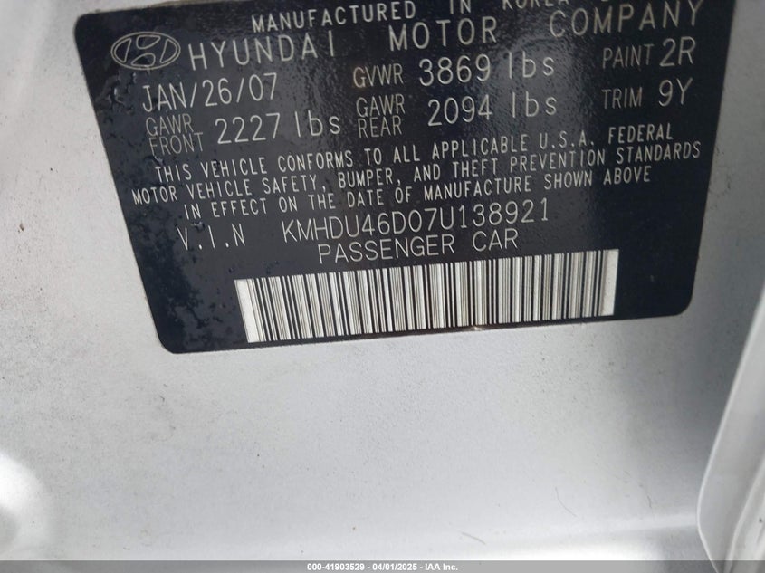 2007 HYUNDAI ELANTRA VIN: KMHDU46D07U138921