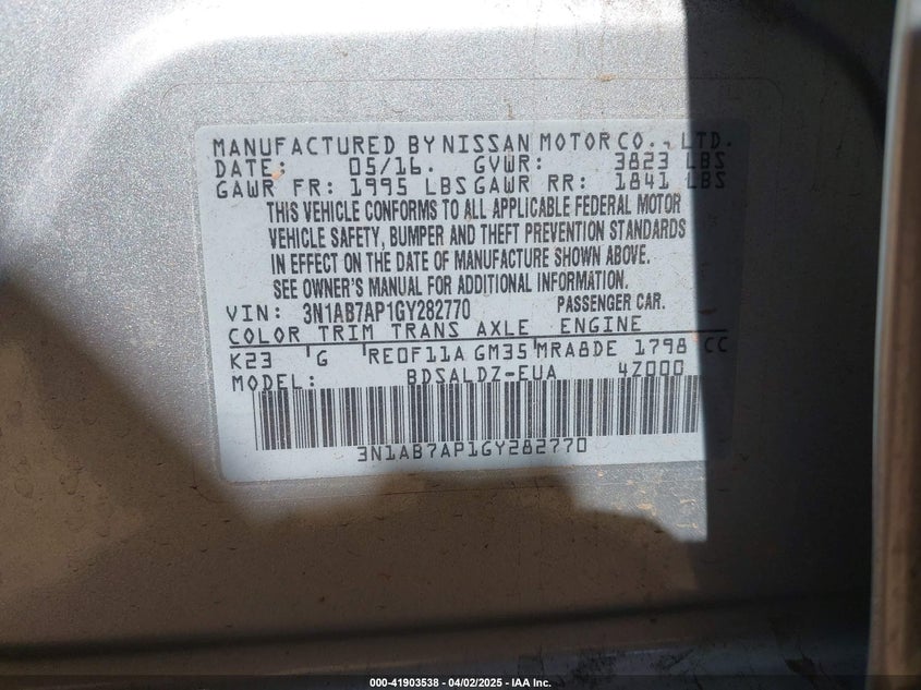 2016 NISSAN SENTRA VIN: 3N1AB7AP1GY282770