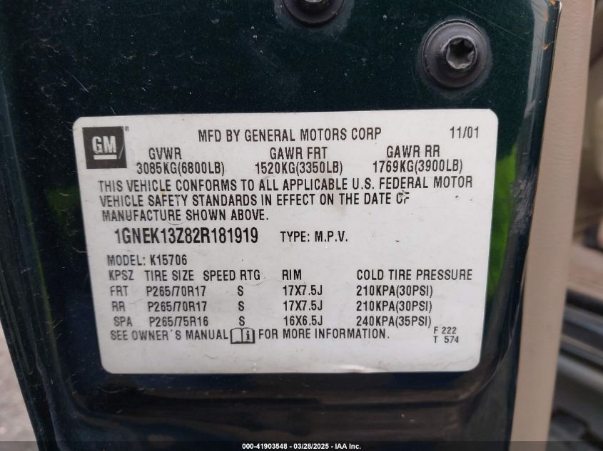 2002 Chevrolet Tahoe Z71 VIN: 1GNEK13Z82R181919 Lot: 41903548