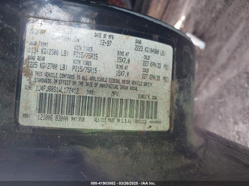 1998 Jeep Cherokee Classic/Limited/Sport VIN: 1J4FJ68S1WL172412 Lot: 41903582