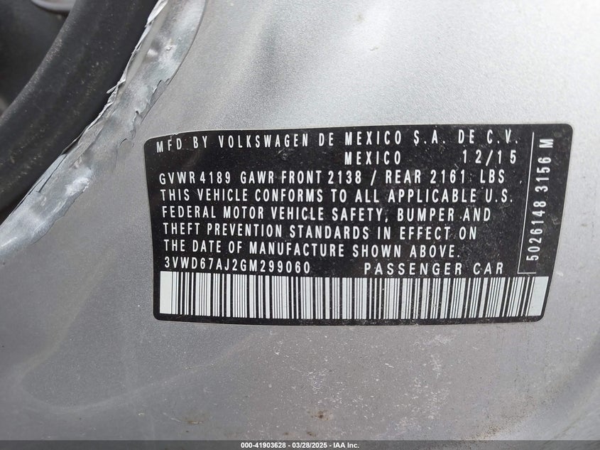 2016 VOLKSWAGEN JETTA VIN: 3VWD67AJ2GM299060