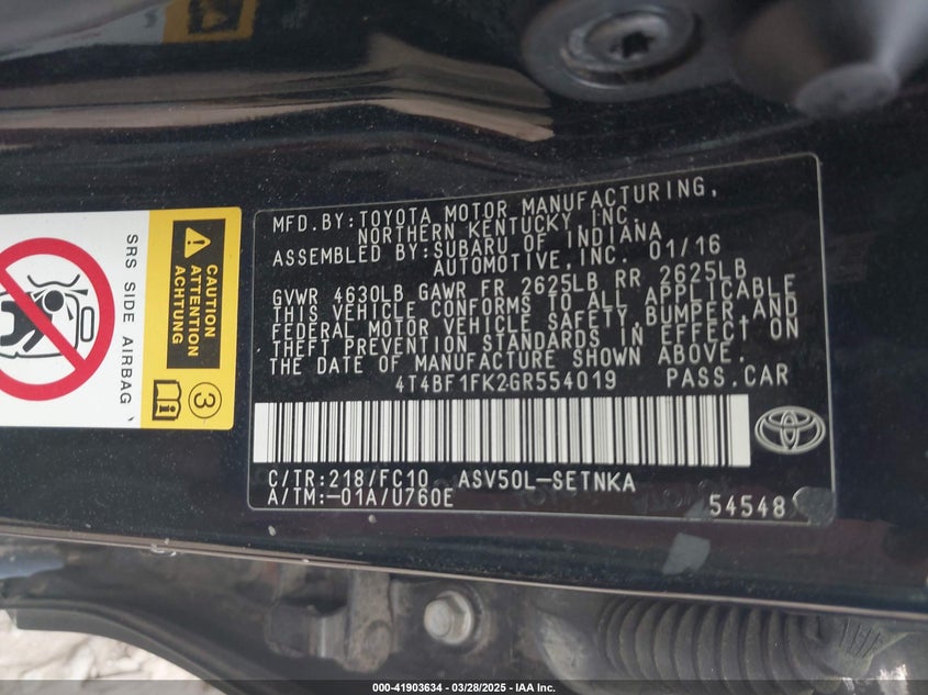 2016 TOYOTA CAMRY VIN: 4T4BF1FK2GR554019