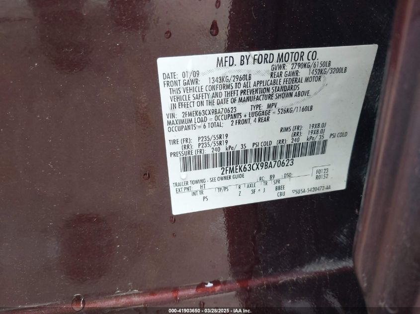 2009 Ford Flex Limited VIN: 2FMEK63CX9BA70623 Lot: 41903650