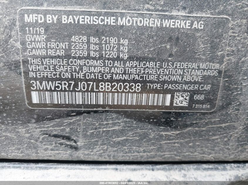 2020 BMW 330I xDrive VIN: 3MW5R7J07L8B20338 Lot: 41903692