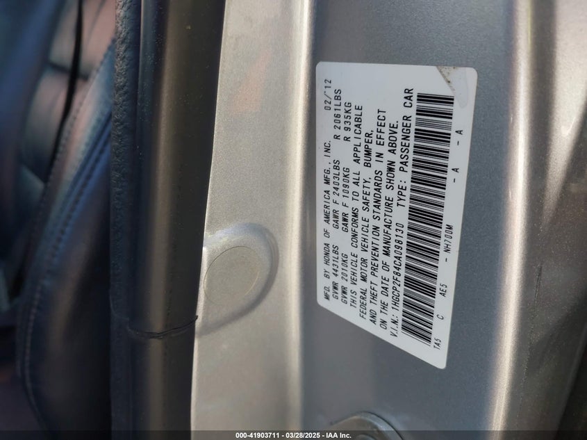 2012 HONDA ACCORD VIN: 1HGCP2F84CA098130