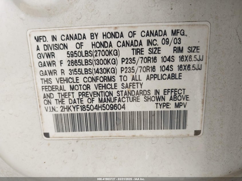 2004 Honda Pilot Ex-L VIN: 2HKYF18504H509604 Lot: 41903727