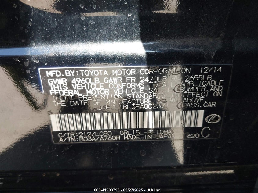 2015 LEXUS GS 350 VIN: JTHCE1BL3FA002371