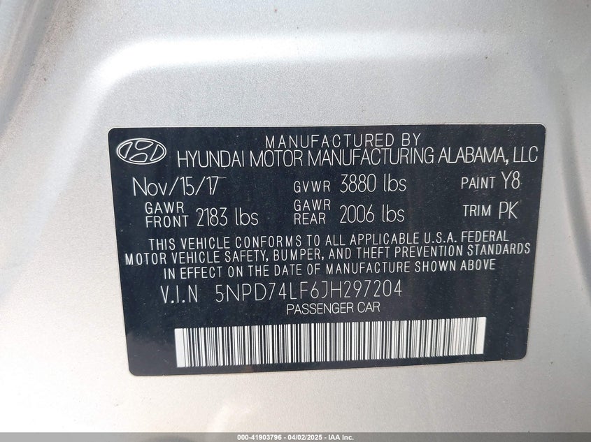 2018 HYUNDAI ELANTRA VIN: 5NPD74LF6JH297204