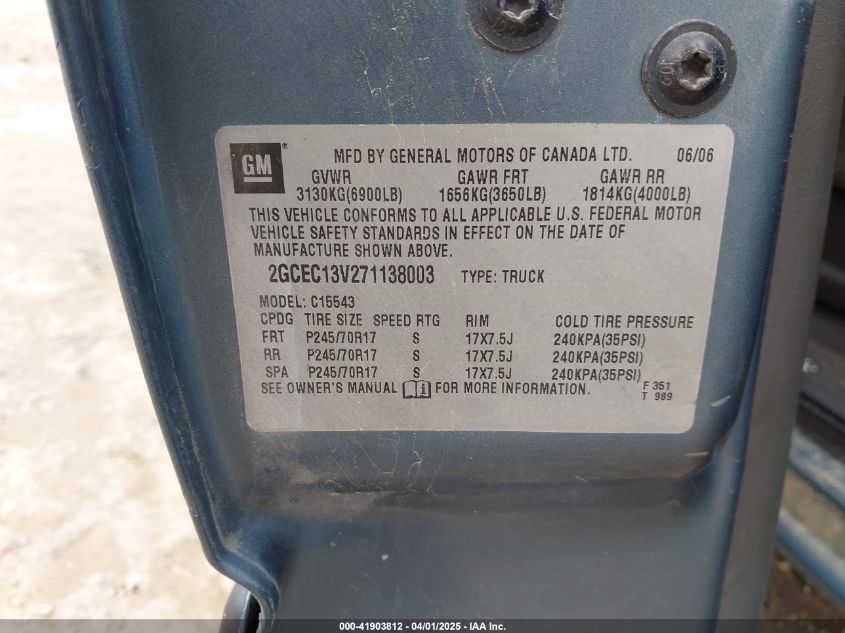 2007 Chevrolet Silverado 1500 Classic Ls VIN: 2GCEC13V271138003 Lot: 41903812
