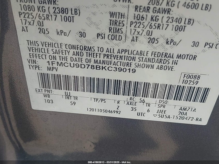 2011 FORD ESCAPE VIN: 1FMCU9D78BKC39019