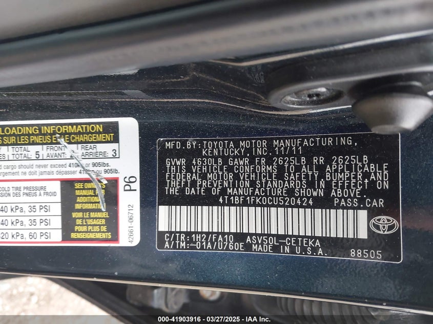 2012 TOYOTA CAMRY VIN: 4T1BF1FK0CU520424