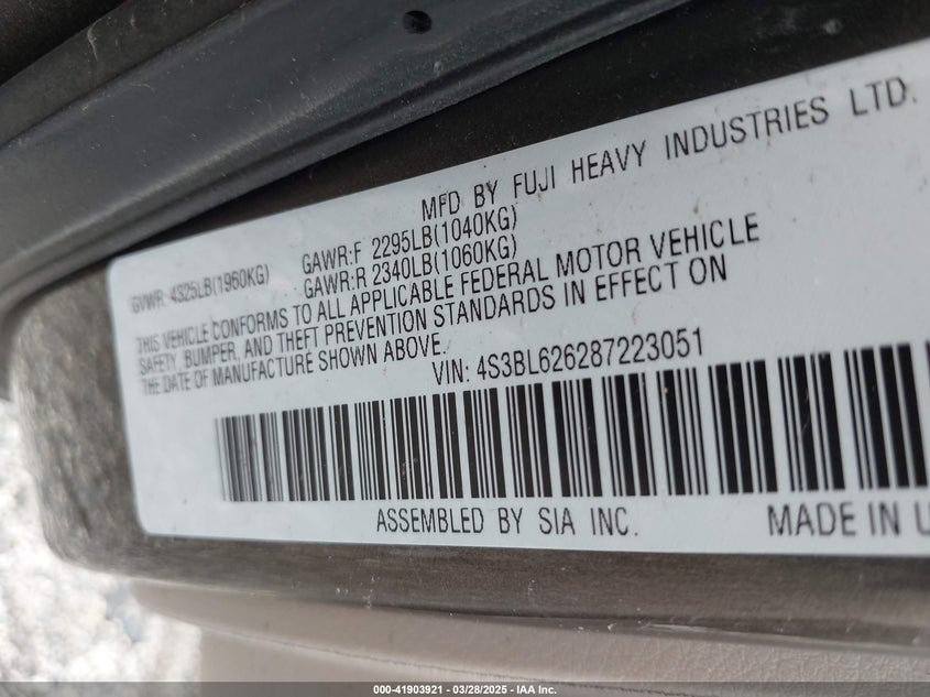 2008 SUBARU LEGACY VIN: 4S3BL626287223051
