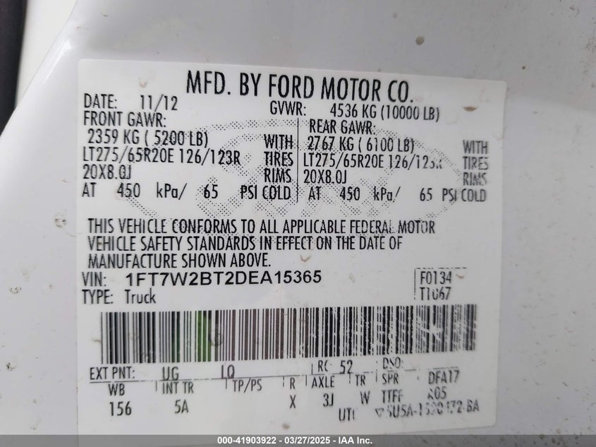 2013 Ford F-250 Lariat VIN: 1FT7W2BT2DEA15365 Lot: 41903922