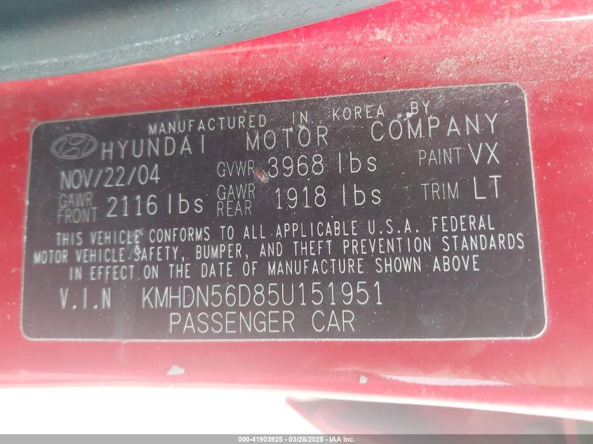 2005 Hyundai Elantra Gls/Gt VIN: KMHDN56D85U151951 Lot: 41903925