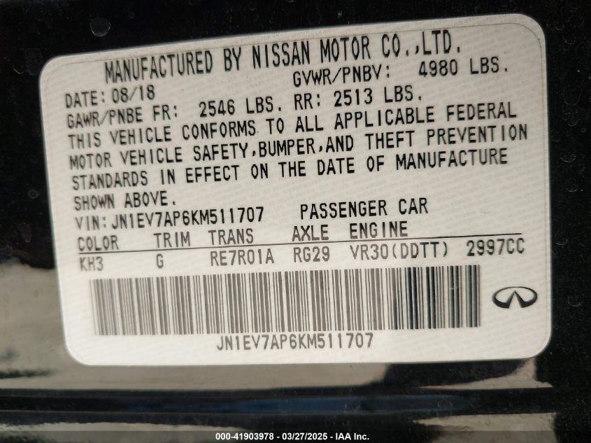 2019 Infiniti Q50 3.0T Luxe VIN: JN1EV7AP6KM511707 Lot: 41903978