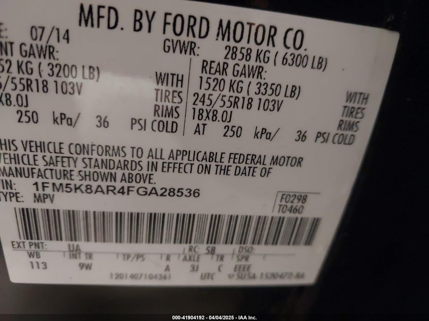 2015 FORD UTILITY POLICE INTERCEPTOR VIN: 1FM5K8AR4FGA28536