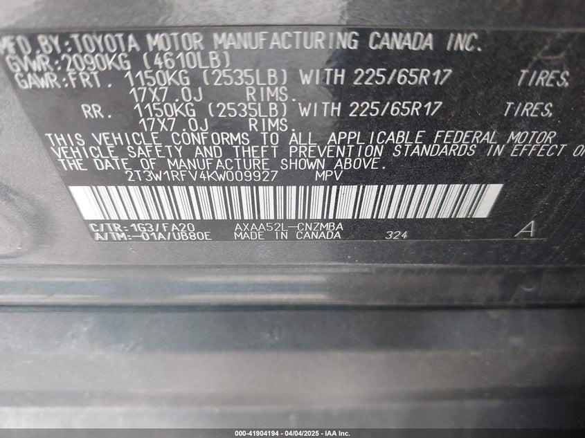 VIN 2T3W1RFV4KW009927 2019 TOYOTA RAV4 XLE